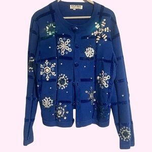 Vintage sweater Blue Snowflake Embellished Cardigan large